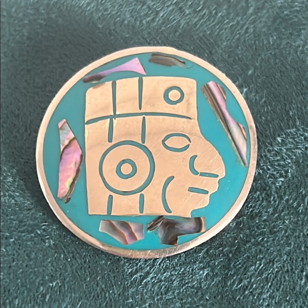 Vintage Alpaca Mexican Silver Turquoise Enamel Abalone Inlay Brooch Pendant